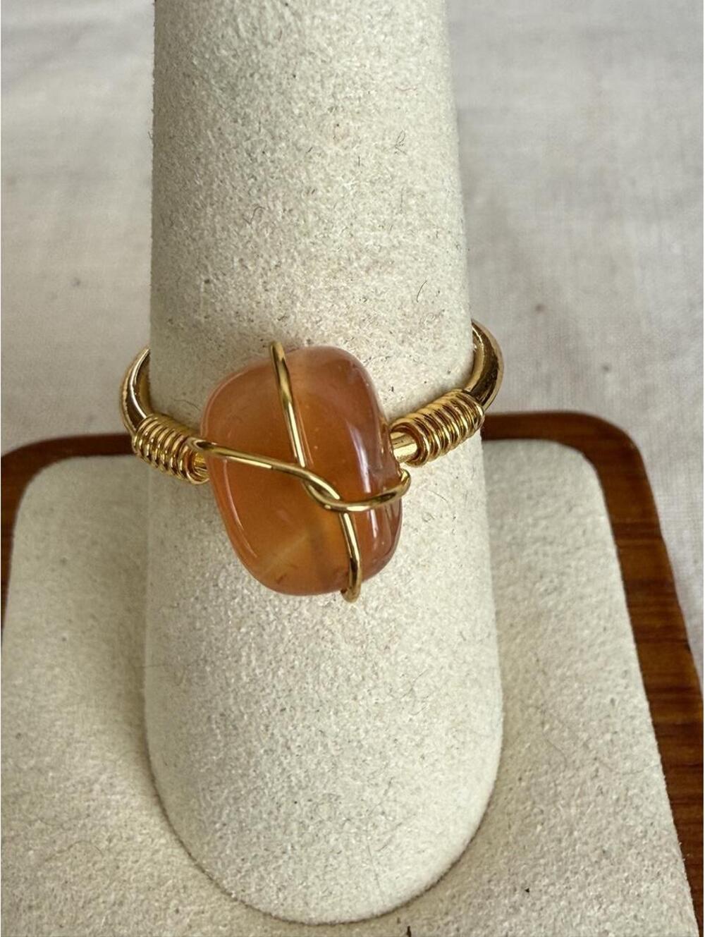 Orange Stone Gold Tone Wire Wrapped Ring Boho Handmade Size 7